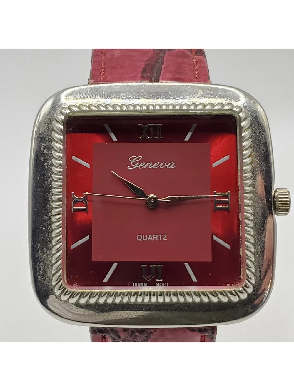 Geneva Womens Watch  40mm Red Dial Leather Band Square New Battery